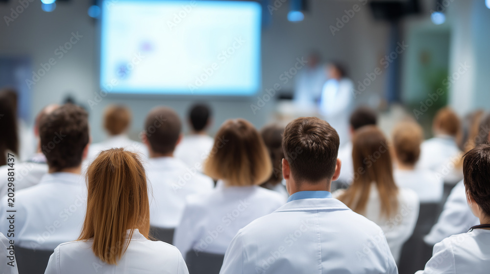 Obraz premium Rear view of healthcare professionals attending medical presentation and seminar in conference hall, professional education concept.