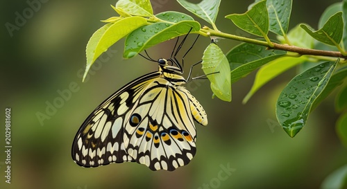 A delicate butterfly with black and white patterned wings clings to a green leaf branch covered in water droplets. The insect displays intricate wing markings with yellow and black details.