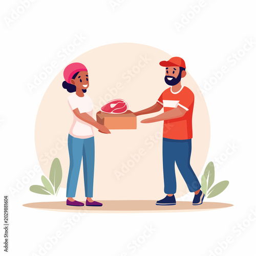 A man delivering a package of fresh meat to a smiling woman, illustrating food delivery service.