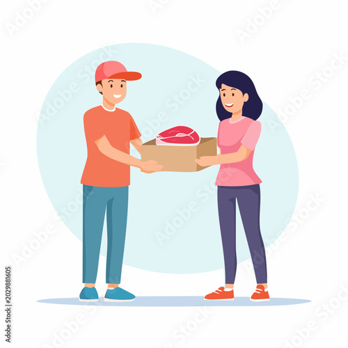 A delivery man in a cap hands a box of fresh meat to a smiling woman, illustrating food delivery service.