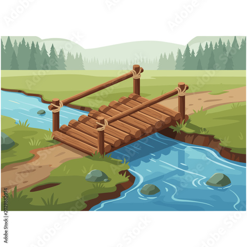 Wooden footbridge over a flowing blue river in a green forest landscape with pine trees