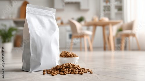 Blank white pet food package mockup with dry kibble in modern kitchen interior. Branding and packaging design concept.