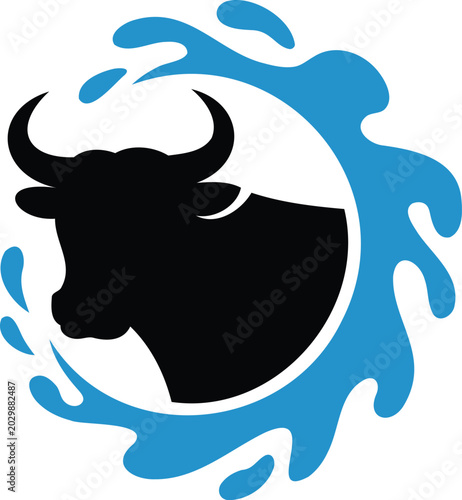 Bull head silhouette in a circle with blue water splashes around it  animal symbol