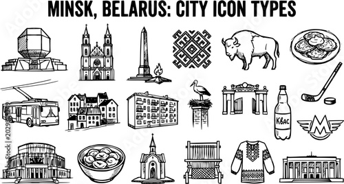 Minsk Belarus City Icons: Line Art Collection of Landmarks, Culture, Food, and Sports Symbols