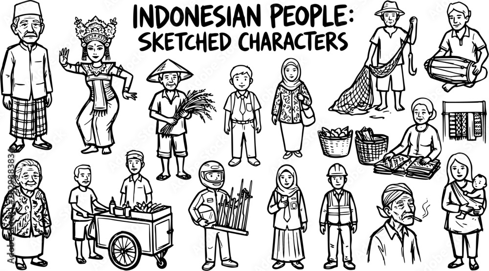 Fototapeta premium Indonesian People Sketched Characters Diverse Cultural Professions Black and White Line Art