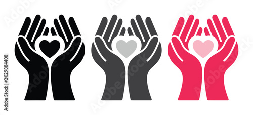 Quadro su tela Heart in hands vector icon set in black grey and red showing cupped hands holdin