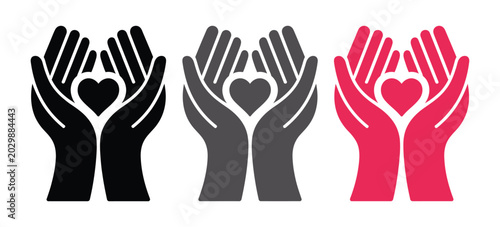 Foto Heart in hands vector icon set featuring charity and donation symbols in black,