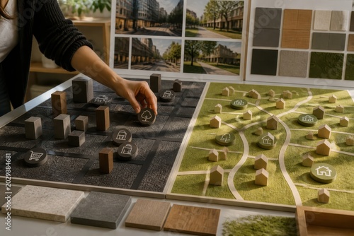 Architectural scale model of urban development with landscape planning and miniature buildings for real estate presentation