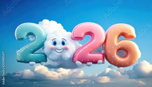 Colorful 226 Number Balloons Floating in a Cloudy Sky.