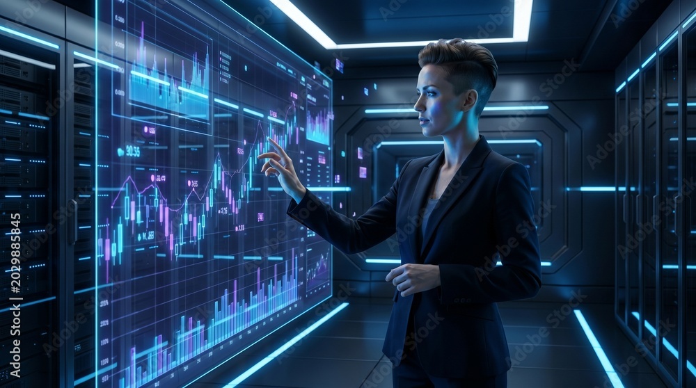 Fototapeta premium Woman analyzing digital financial data on futuristic interactive display