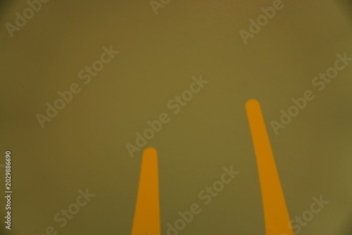 Obraz na płótnie Two out of focus yellow vertical lines stand against a dark olive green backgrou