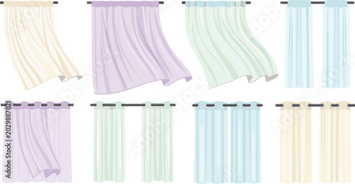 Foto Lightweight sheer window curtains and tulle drapes vector set fluttering in wind