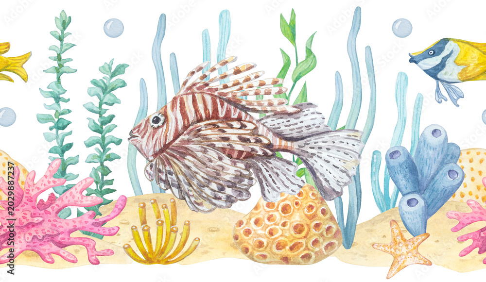 Fototapeta premium Watercolor seamless border with lionfish, tropical fish, seaweed, corals and starfish isolated on white background. Hand drawn marine element for underwater theme design