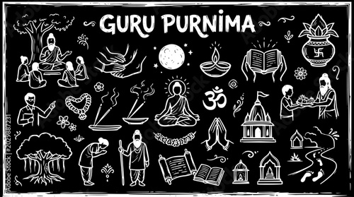 Tableau sur toile Guru Purnima Hindu Spiritual Festival Black and White Line Art Icon Set