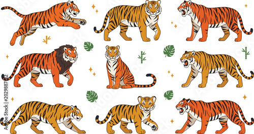 Photography Tiger Vector Collection with Wild Jungle Cats, Walking and Jumping Big Cat Poses