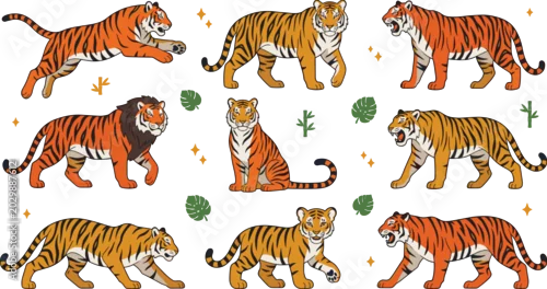 Obraz Tiger Vector Collection with Wild Jungle Cats, Walking and Jumping Big Cat Poses, and Wildlife Animal Illustrations for Nature Designs