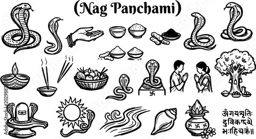 Εκτύπωση καμβά Nag Panchami Hindu Festival Line Art Icon Set: Cobras, Shiva Lingam, Puja Items, and Traditional Spiritual Symbols for Indian Culture