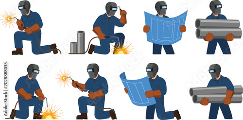 Photos Welder character set wearing safety helmet and protective uniform working with w