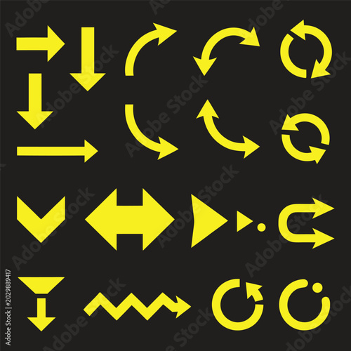 Yellow arrow icons set directional symbols on black background