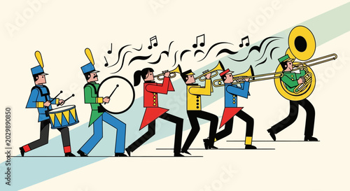 Cartoon marching band playing instruments.