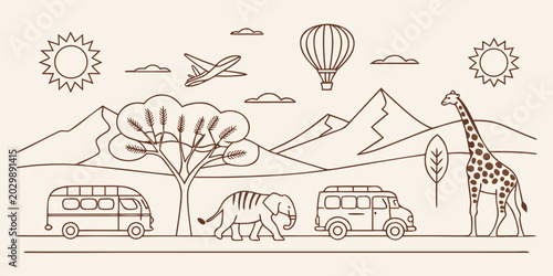 Photography Safari adventure line art landscape with wild animals and travel transport