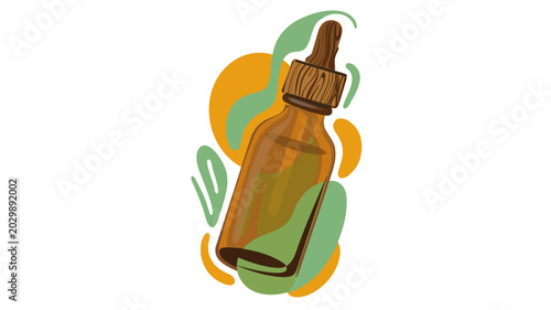 Vibrant vector icon of a brown glass dropper bottle with a wooden cap, surrounded by abstract green and orange organic shapes, ideal for beauty, wellness, herbal medicine, or fantasy potion themes.