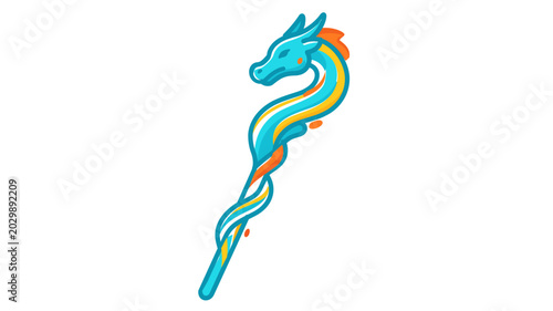 Creative colorful line vector icon of a glowing magic dragon staff with editable stroke, adjustable stroke weight, customizable line weight, and thin line design for fantasy RPG games and magic.