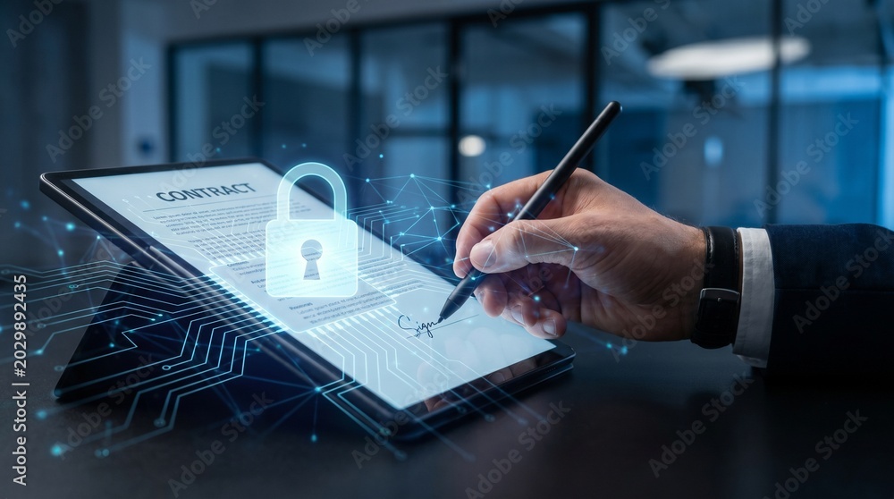 Obraz premium Close Up of Businessman Hand Signing Digital Contract with Glowing Padlock Hologram