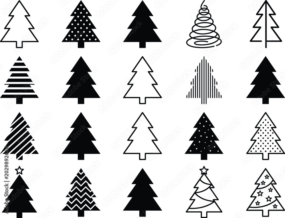 Obraz premium Creative Black Christmas Tree Icon Collection with Minimal Outline, Patterned, and Abstract Holiday Tree Silhouettes