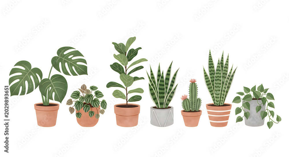 Obraz premium Variety of potted houseplants illustration monstera fiddle leaf fig and succulents