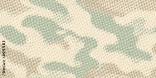 Abstract camouflage pattern background with dot halftone effect in soft beige tones.
