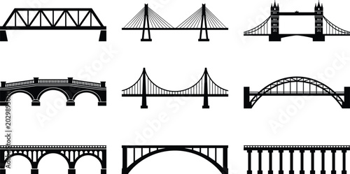 Tableau sur toile Black and white of various bridge types and architectural structures truss suspe