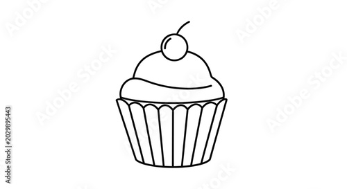Foto Simple Line Art Cupcake with Cherry on Top, Minimalist Dessert Icon