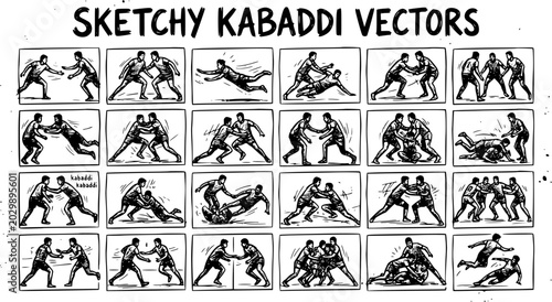 Cuadro en lienzo Sketchy Kabaddi Players Vector Collection: Hand-Drawn Black  White Sports Action