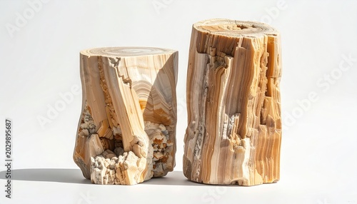 Two mineralized wood sections on white background, showing layered textures