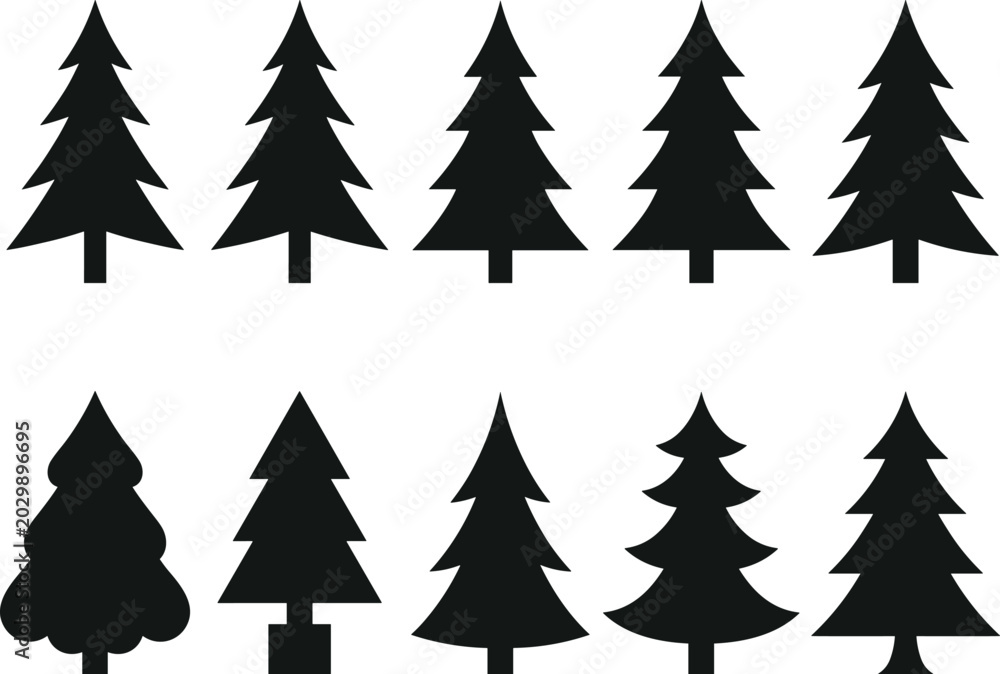 Obraz premium Set of Black Christmas Tree Silhouettes with Minimal Evergreen Pine Tree Icons for Holiday Design Collection