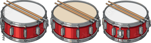 Tableau sur toile Red Snare Drum Vector Set with Pairs of Wooden Drumsticks Placed Across the Drum