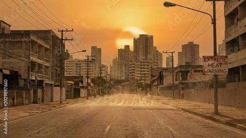 Extreme heat warning sign on a deserted city street with heat waves rising from the road. Dystopian scene representing global warming and climate change