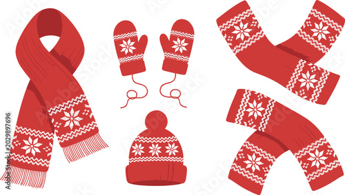 Photos Red Winter Clothes Vector Set Featuring Knitted Scarves Mittens and Beanie Hat w