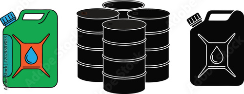 Tableau sur toile Collection of oil container and fuel barrel vector illustrations featuring indus
