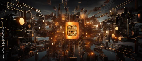 Panel kuchenny z motywem Gleaming golden circuit board with glowing central processor, symbolizing advanced technology and data flow.