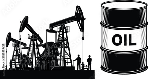 Foto Oil industry vector illustration featuring petroleum pump jacks, refinery extrac