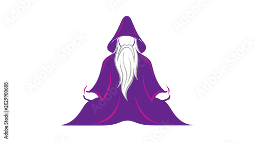 Wise elder mage in a lavender hooded robe with a flowing silver beard, depicted in a peaceful meditation pose for spiritual, mystical, and fantasy world character representations.