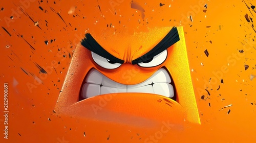 Angry Cartoon Face with Intense Expression on Orange Background. Concept of Strong Emotions for Advertising