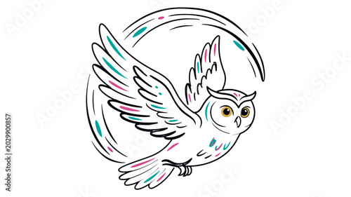 Soaring mythical bird of the night with dynamic flight paths. This colorful avian graphic includes adaptable line weights and easy-to-modify stroke options for fast-paced design work.