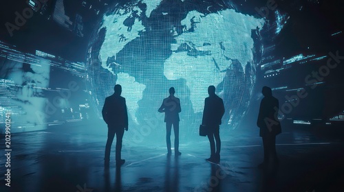 Abstract visual technology globe backgrounds, futuristic global hologram with business people and digital transformation network cyberpunk technology background.