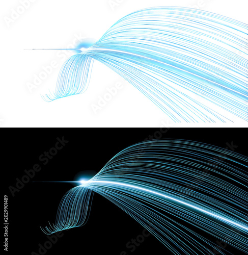 Glowing blue light fibers flowing on transparent background abstract speed motion lines dynamic energy rays optical fiber technology digital data transfer speed effect.