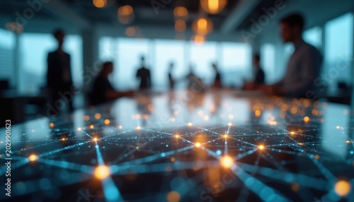 Abstract digital network design on table surface with blurred business team meeting in modern office. People interact in connected futuristic workplace. Data flow, AI, collaboration concept.