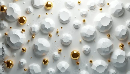 Panel kuchenny z motywem 3D geometric shapes, white faceted spheres, golden polyhedrons scattered on light background. Simple modern abstract pattern with clean design, polished finish creates luxurious feel for any interior.