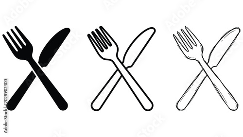 Photos Dining and Cutlery Icon Set with Crossed Fork and Knife Symbols
